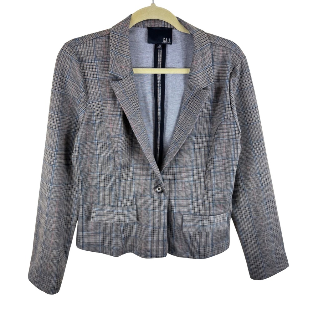 KAII Women Glen Plaid Single Button Blazer Gray Blue Pink Classic School Girl XL